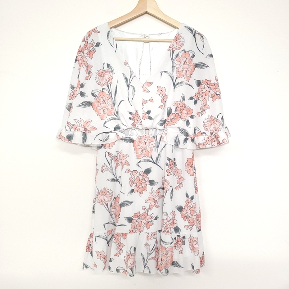 Women's Floral Print Ruffles Mini Dress V Neck Batwing Short Sleeve. # 91 - Picture 4 of 14